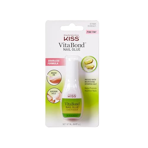 KISS VitaBond Nail Glue, Odorless Formula Infused with Nourishing Vitamins A & E, Brush-On Applicator, Superior Hold, Net Wt. 5g (0.17 oz.)