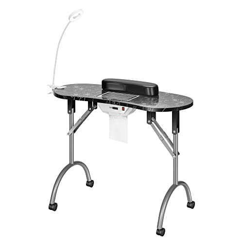VIVOHOME Portable Manicure Nail Table on Wheels with Built-in Dust Collector, USB-Plug LED Table Lamp, Carry Bag for Home Spa Beauty Salon Workstation, Black