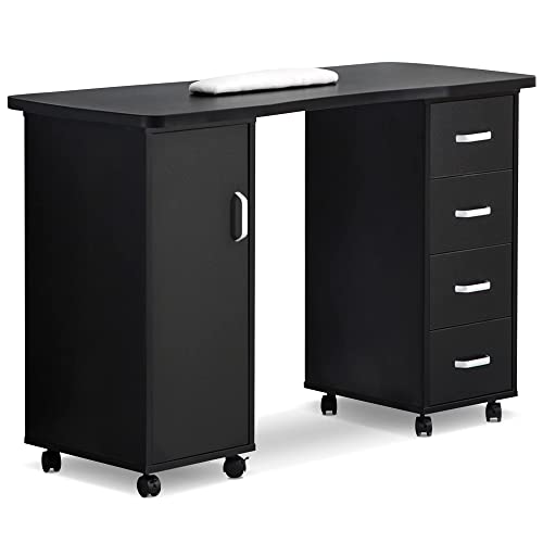 BarberPub Manicure Table, Acetone Resistant Nail Desk, Nail Table with 4 Drawers, 2 Cabinet, Lockable Wheels, Wrist Pad, Nail Desk for Nail Tech, Beauty Salon Black 0611