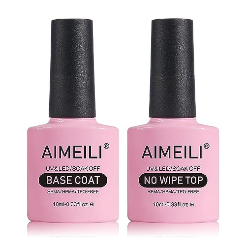 AIMEILI Gel Nail Polish No Wipe Top and Base Coat Set, Shine Finish and Long Lasting, Soak Off Gel Nail Lacquer - 2 x 10ml