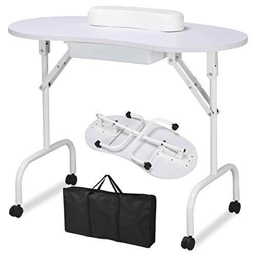 Yaheetech 37-inch Portable & Foldable Manicure Table Nail Desk Workstation with Large Drawer/Client Wrist Pad/Controllable Wheels/Carrying Case for Spa Beauty Salon White, 1 Count (Pack of 1)