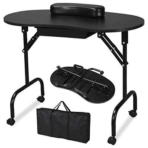 Yaheetech 37-inch Portable & Foldable Manicure Table Nail Desk Workstation with Large Drawer/Client Wrist Pad/Controllable Wheels/Carrying Case for Spa Beauty Salon Black