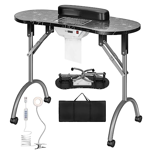 VIVOHOME Portable Manicure Nail Table on Wheels with Built-in Dust Collector, Updated USB-Plug LED Table Lamp, Carry Bag for Home Spa Beauty Salon Workstation, Black