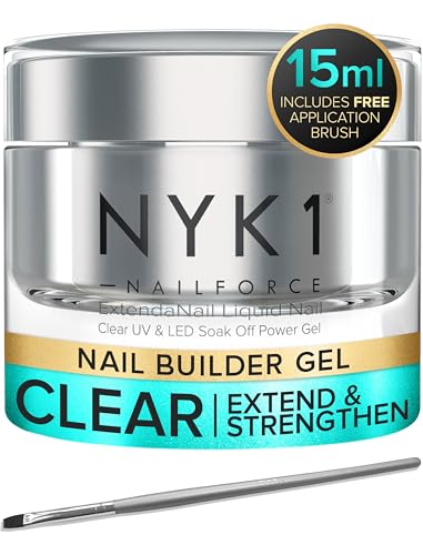 NYK1 Strengthening Clear Builder Gel For Nails (.5 Fl Oz / 15ml) NailForce Hard Gel For Nails Strengthener For Tips, Extensions & Repairs - UV & LED Sculpting Nail Builder With Free Application Brush