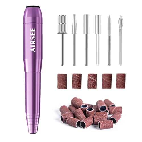 AIRSEE Home Lite USB Mobile Nail Drill Machine for Beginners Portable Nail File Manicure Pedicure Dremel Kit with 6 Bits 26 Sanding Bands for Home Acrylic Gel Nails Polishing DIY,Purple