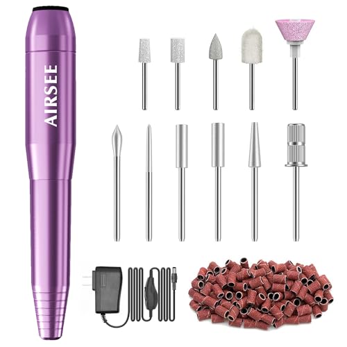 AIRSEE Portable Electric Nail Drill Professional Efile Nail Drill Kit for Acrylic, Gel Nails, Manicure Pedicure Polishing Shape Tools with 11Pcs Nail Drill Bits and 56 Sanding Bands N24 (Purple)