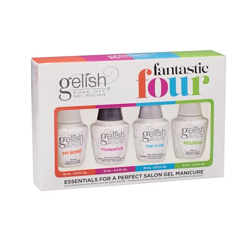 Gelish Essential Fantastic Four Kit – pH Bond Nail Prep, Foundation Base Gel, Top It Off Sealer Gel & Nourish Cuticle Oil – Professional Manicure Essentials for Long-Lasting, Chip-Free Shine.