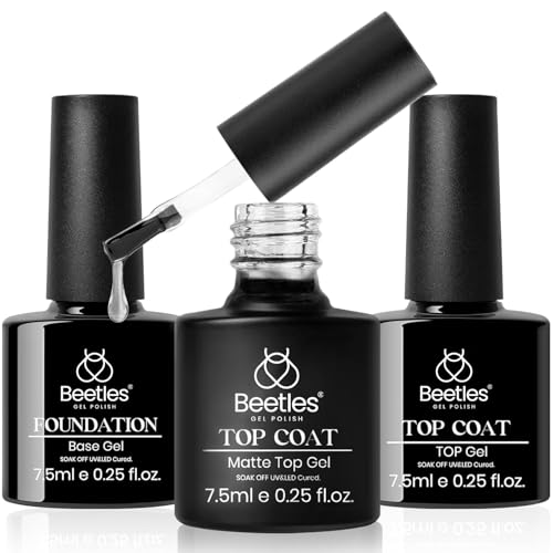 Beetles Gel Top Coat Base Coat Set, 3Pcs No Wipe Base Matte & Shiny Top Coat Gel Nail Polish, Long Lasting High Gloss and Matte Effects Soak off Uv Led DIY for Women