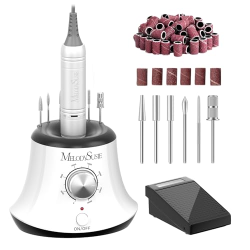 MelodySusie Electric Nail Drill with Foot Pedal, 30000RPM Professional Nail File Bits & Sanding Bands Kit for Acrylic & Gel Nails, Efile Nail Drill Set for Manicure Pedicure Polishing, Scarlet White
