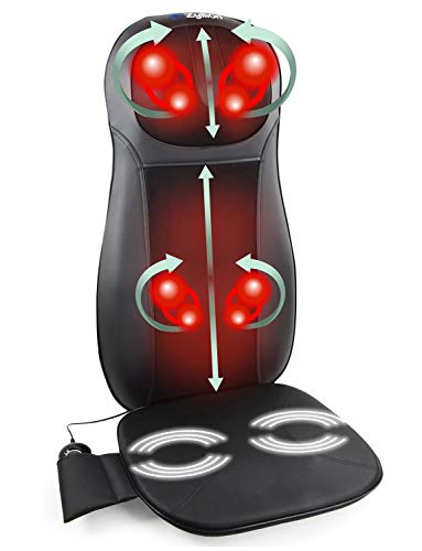 Zyllion Neck and Back Massager for Chair - Shiatsu Kneading Massage Seat Cushion Pad with Soothing Heat Function and 3 Levels of High Intensity for Muscle Pain Relief - Black (ZMA-14-BK)