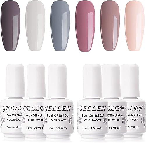 Gellen Gel Nail Polish Kit- Nude Grays 6 Colors, Popular Nail Art Design Classic Pastels Natural Shades Gel Polish Home Gel Manicure Set