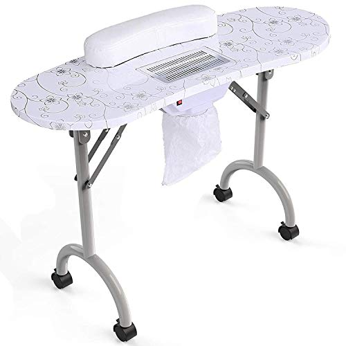 Manicure Nail Table-SUNCOO Portable Folding Nail Station Manicure Tech Desk Spa Beauty Salon With Rolling Wheels Fan Carry Bag Sponge Wrist Cushion 29.5' Height White