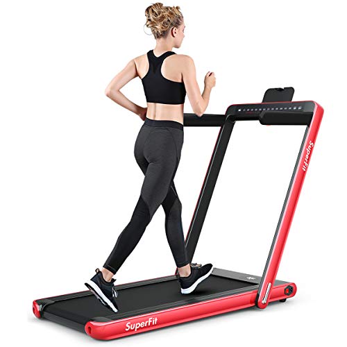 GYMAX 2 in 1 Under Desk Treadmill, 2.25HP Folding Walking Jogging Machine with Dual Display, Bluetooth Speaker & Remote Controller, Electric Motorized Treadmill for Home/Gym (Red)