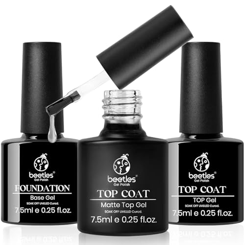 Beetles Gel Top Coat Base Coat Set for Gel Nail Polish, 3Pcs No Wipe Base Gel Matte & Shiny Top Coat, Long Lasting High Gloss and Matte Effects Soak off Uv Led Gel DIY at Home