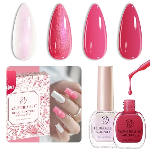 AZUREBEAUTY Nail Polish Set Quick Dry Vegan Glitter Pearl White& Raspberry Red Nail Lacquer Natural Strengthening Treatment Kit