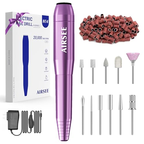 AIRSEE Portable Electric Nail Drill Professional Efile Nail Drill Kit for Acrylic, Gel Nails, Manicure Pedicure Polishing Shape Tools with 11Pcs Nail Drill Bits and 56 Sanding Bands N24