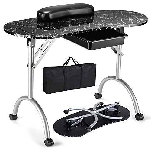 Giantex Portable Manicure Table, Foldable Nail Tech Table with Large Drawer, Wrist Rest, 4 Lockable Casters, Carrying Bag, Nail Salon Table Nail Desk Station for Technician, Black
