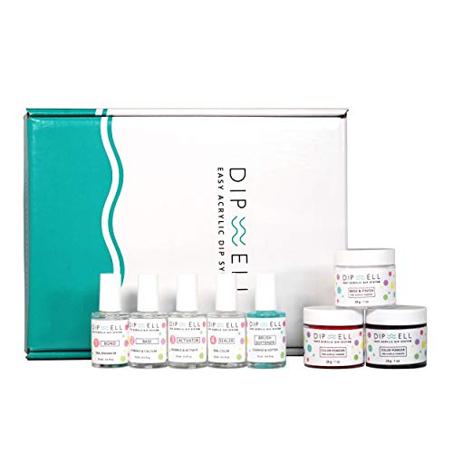 DipWell Dip Powder Nail Kit - Classic Color Starter, Acrylic & Gel Resin System (Bond, Base, Activator, Sealer, Brush Softener + 3 Powder Jars)
