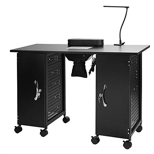 OmySalon Manicure Table Nail Desk w/Electric Downdraft Vent, Iron Frame Beauty Spa Salon Workstation w/Wrist Rest, Lockable Cabinets, Casters & Clip-On LED Lamp, Black (43.3''L x 16.9''W x 29.5''H)