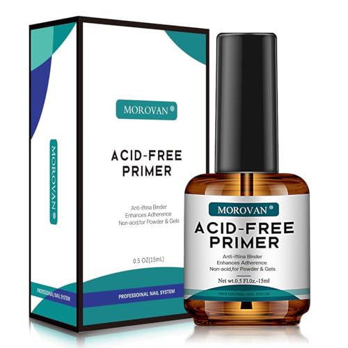 Morovan Acid Free Nail Primer - Professional Gel Nail Primer for Acrylic and Gel Nail Polish No Lift Primer Nail Prep Bond 0.5 oz No Burn Fast Air Dry Nail Bonder for UV Gel Supplies Set