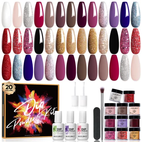 Modelones 20 Colors Dip Powder Nail Kit Starter, Red Brown Glitter Acrylic Dipping Powder System Essential Liquid Set with Base&Top Coat Activator Brush Saver for French Nails Art Manicure DIY Salon Gift