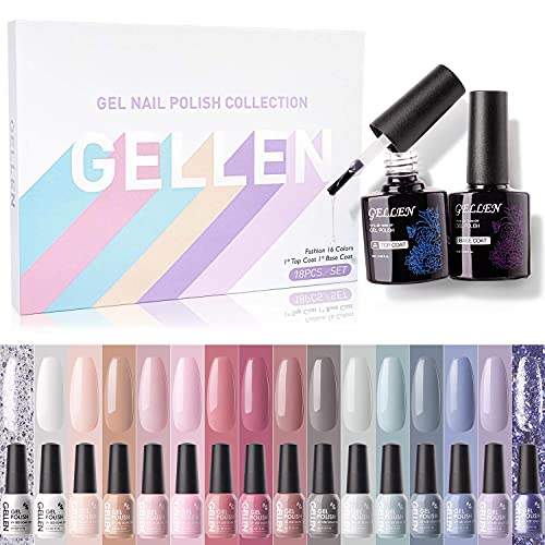 Gellen 16 Colors Gel Nail Polish Kit With Top Base Coat - Warm & Cool Pastels Tones, Soft Nude Grays Nail Gel Colors, Trendy Solid and Shiny Glitters Nail Art Designs Home Gel Manicure Set