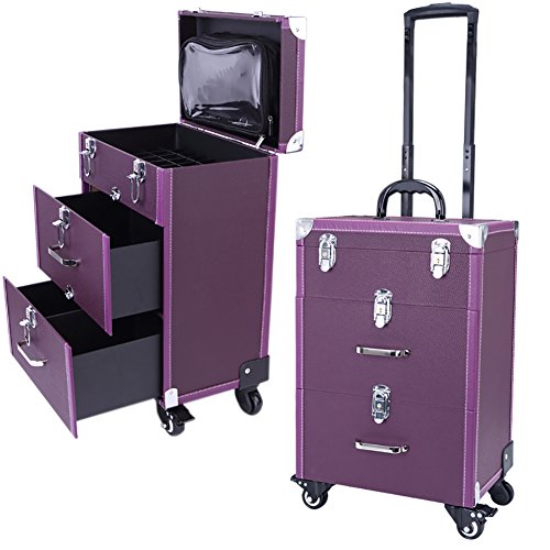 Qivange Makeup Train Case, Rolling Makeup Trolley Case, Nail Polish Organizer, Jewelry Travel Cosmetic Train Case w/ 4 Wheels, Purple