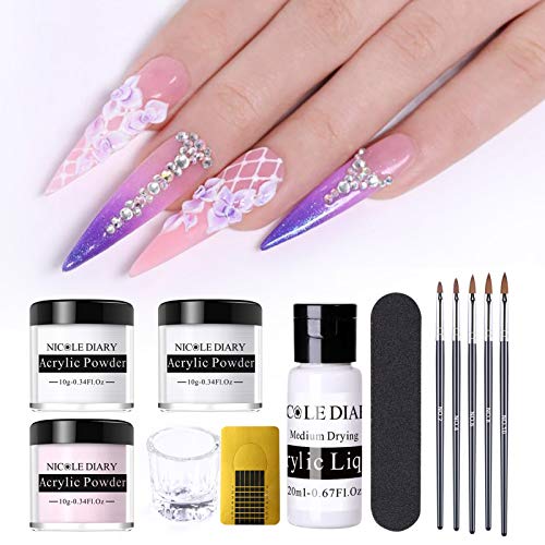 NICOLE DIARY Acrylic Powder and Liquid Set - Acrylic Nail Kit Set With Acrylic Nail Liquid Acrylic Nail Brush For Professional Beginners Acrylic Nail Extension