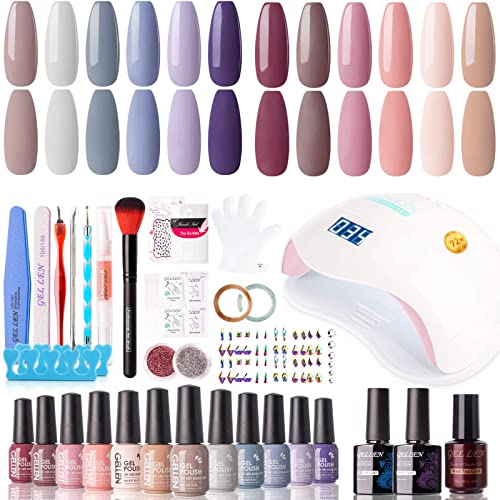 Gellen Gel Nail Polish Kit with U V LED Light 72W Nail Dryer, 12 Gel Nail Colors, No Wipe Top Base Coat, Nail Art Decorations, Manicure Tools, All-In-One Manicure Kit, Warm Cool Pastels