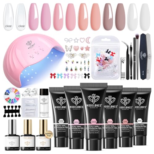 Modelones Poly Nail Gel Kit, 6 Colors Poly Extension Gel Clear Pink White with 48W Nail Lamp 3D Nail Charms Builder Slip Solution Complete Toe Nail Kit Supplies for Starter