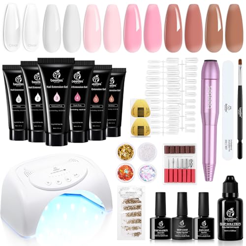 Beetles Poly Nail Extension Gel Kit with Electric Nail Drill, 6PCS Builder Nail Gel Enhancement Trial Professional Nail Technician All-in-One French Kit Clear White Nutural Pink Color Poly Nail Gel