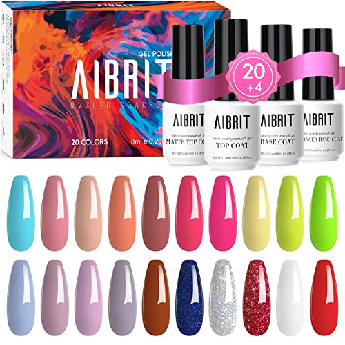 AIBRIT Gel Nail Polish, Colors Gel Polish Set with Gel Base Coat, No Wipe Glossy Top Coat Matte Top Coat, Soak-off UV LED Curing Gel Nail Polish, Glitters Fluorescent White Red Brown Shimmery Gel Polish Kit for Mother's Day, Holiday, Manicure Salon