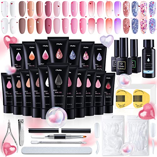 Poly Nail Gel Kit Ohuhu: 18 Colors Nail Gel Kit - Enhancement Builder with 4 Temperature Color Changing Extension - 10 Regular Color and 4 Glitter Color - Poly Nail Kit Gifts for Her