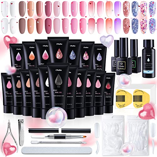 Poly Nail Gel Kit Ohuhu: 18 Colors Nail Gel Kit - Enhancement Builder with 4 Temperature Color Changing Extension - 10 Regular Color and 4 Glitter Color - Poly Nail Kit Gifts for Her Mothers Day