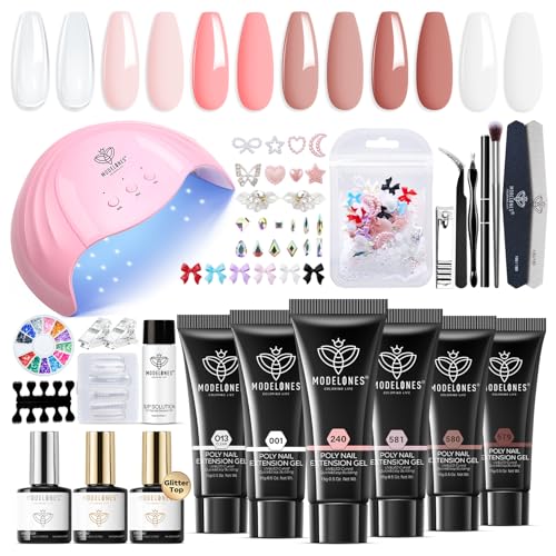 Modelones Poly Extension Gel Nail Kit, 6 Colors Pink Nude with 48W Nail Lamp Slip Solution 3D Bow Nail Charms Decoration Rhinestone Glitter Kit for Nail Manicure Beginner Starter Kit DIY at Home