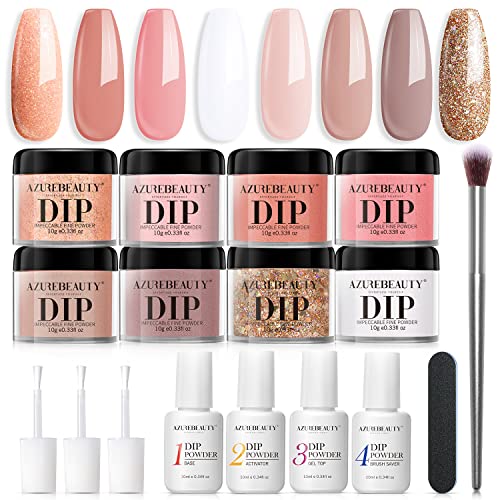 AZUREBEAUTY 17Pcs Dip Powder Nail Kit Starter Nude Skin Tones Champagne Glitter Pink Neutral Acrylic Dipping Powder Liquid Set with Base/Top Coat for French Nail Art Manicure Beginner Party Gift