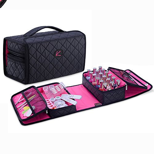 KIOTA Storage Case for Nail Polish and Manicure Set, Secure Soft Organizer with Magnetic Closure and Handle, Midnight Black