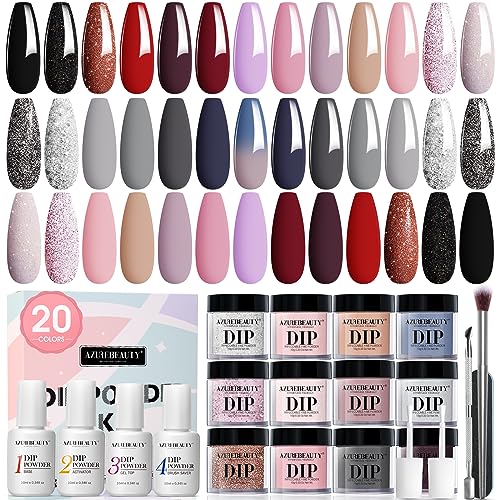 AZUREBEAUTY Dip Powder Nail Kit Starter, 20 Colors Glitter Pink Red Black Nude Acrylic Dipping Powder Liquid Set with Base & Top Coat Activator for French Nails Art Manicure DIY Gift for Women