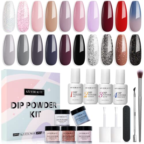20 Colors Dip Powder Nail Kit Starter, AZUREBEAUTY Glitter Red Pink Black Gray Collection Acrylic Dipping Powder Liquid Set with Base & Top Coat for French Nails Art Manicure DIY Salon Gift for Women
