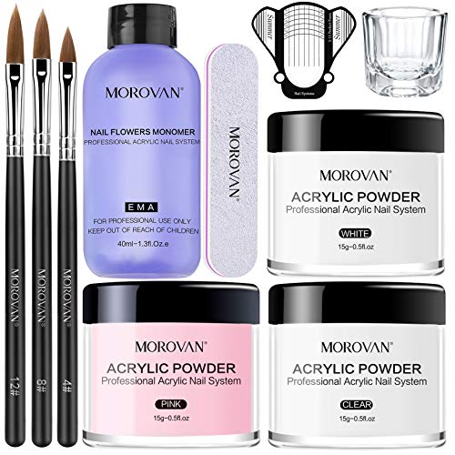 Morovan Acrylic Nail Kit Acrylic Powder and Professional Liquid Monomer set with Acrylic Nail Brush Nail Forms tips for Acrylic Nails Extension Beginner kit
