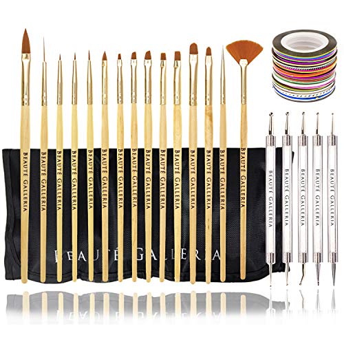 Beaute Galleria Bundle 50 Pieces Nail Art Tool Kit with Pouch - 5 Pieces Dotting Tool Marbleizing Pen (10 Sizes), 15 Pieces Acrylic Gel Detailing Painting Brushes Liners, 30 Pieces Striping Tapes
