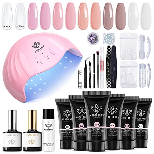Modelones Poly Nail Gel Kit - 6 Colors with 48W Nail Lamp Poly Extension Gel Clear Pink Nude White Builder Nail kits with Slip Solution Glitter All In One Nail Kit for Starter Nail Art Supplies Kit