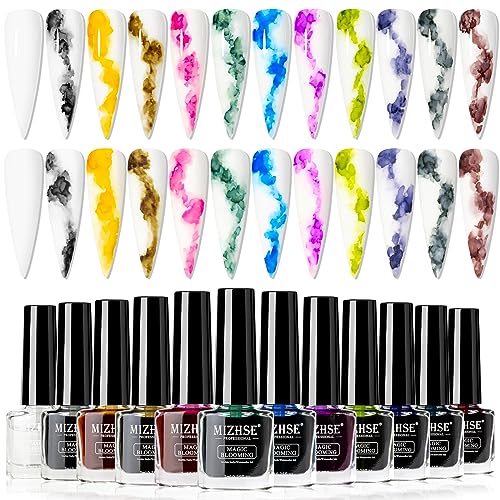 MIZHSE Marble Nail Polish, Marble Ink for Nails Gel Blooming Gel Nail Polish 12 Colors Nail Ink Magic Watercolor Pink Blue Purple Blossom Gel for Manicure Nail Varnish Art Flower Design