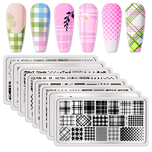 Born Pretty Nail Stamping Plates Set Plaid Flowers Leaves Lace Nail Art Image Plates Spring into Winter Stamp Templates Kit Image Manicuring DIY Printing Tools 8PCS