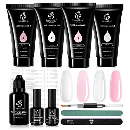 Beetles Poly Nail Extension Gel Kit 4 Colors Clear White Pink 1 Oz Poly Nail Gel Builder Nail Gel Nail Art Kit with Poly Brush Nail Forms Dual Forms Tyro Nail Salon All In One French Poly Nail Kit