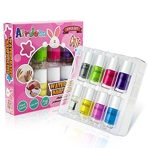 Airdom Kids Nail Polish Set- Non-Toxic Water-Based Odorless Peel Off Natural Safe Nail Polish Set Quick Dry Nail Polish Gifts Toys Kit for Girls Kids Toddlers (7 Color + 1 Top&Base Coat)