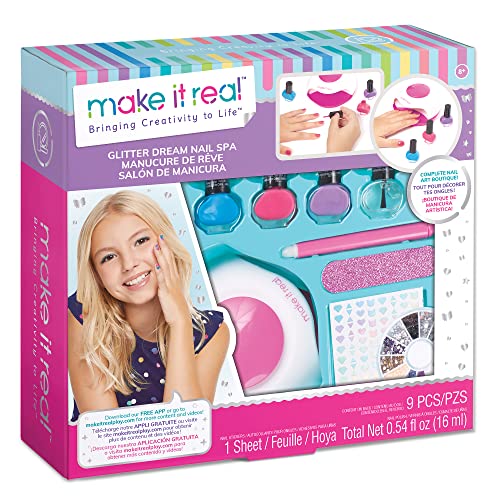 Make It Real – Glitter Nail Spa - Nail Art Kit for Kids with Nail Polish, Nail Dryer, Stickers - DIY Manicure & Pedicure Set