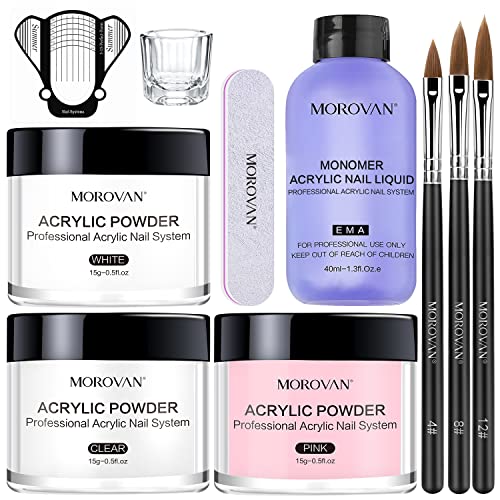 Morovan Acrylic Nail Kit Acrylic Powder and Professional Liquid Monomer set with Acrylic Nail Brush Nail Forms tips for Acrylic Nails Extension Beginner kit