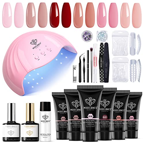 Modelones Poly Extension Gel Nail Kit - 6 Spring Colors with 48W Nail Lamp Slip Solution Rhinestone Glitter All In One Kit for Nail Manicure Beginner Starter Kit DIY at Home Kit Gift