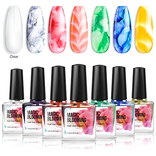 Modelones Blooming Gel Nail Polish Set, 7 Colors Blossom Gel for Spreading Marble Effect, Magic Watercolor Nails Polish, Nail Ink, Nail Art Flower Winter Design Manicure, Watercolor Alcohol 10ml